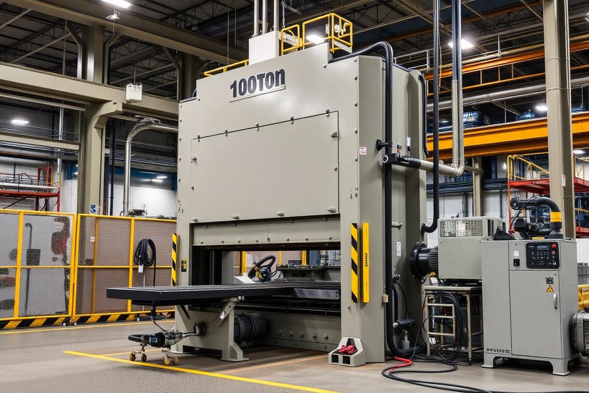 100-ton hydraulic bench press with steel frame, hydraulic power unit and safety guarding