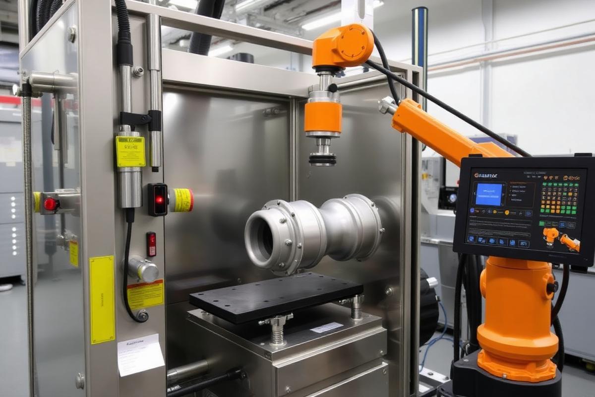 Automated pressure leak testing machine with sealed chamber and robotic loading of an exhaust manifold