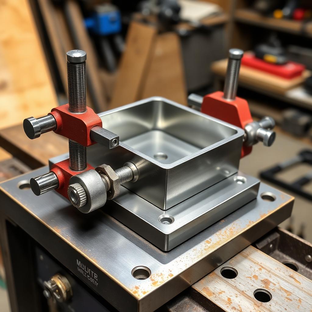 Welding fixture with toggle clamps holding a metal part
