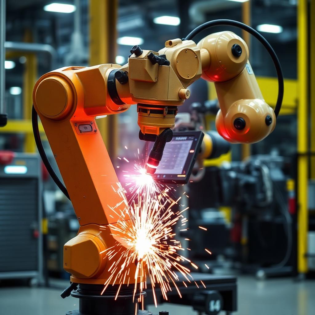 Six-axis robot arm spot welding with sparks