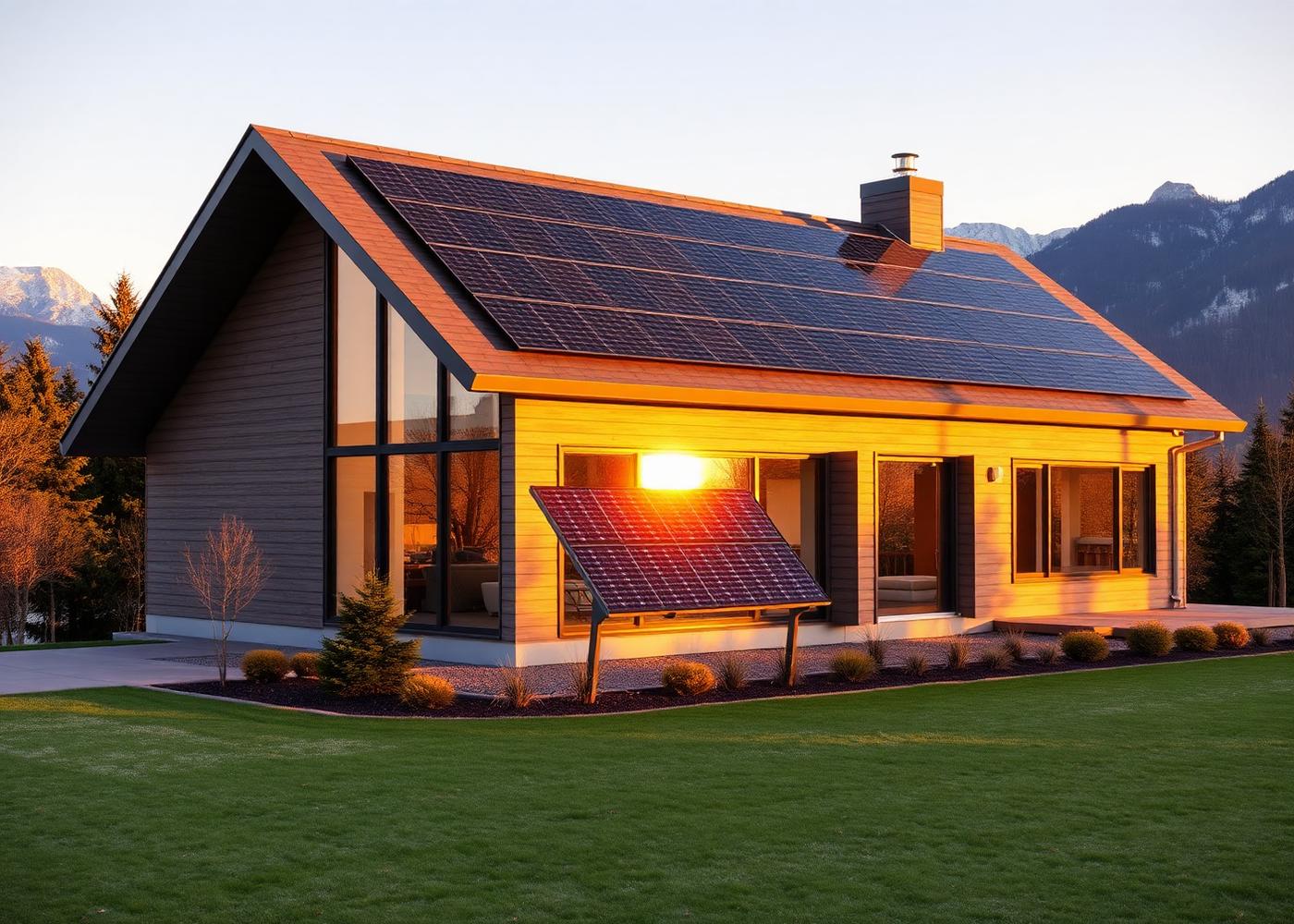 Home with a full monocrystalline solar array at golden hour