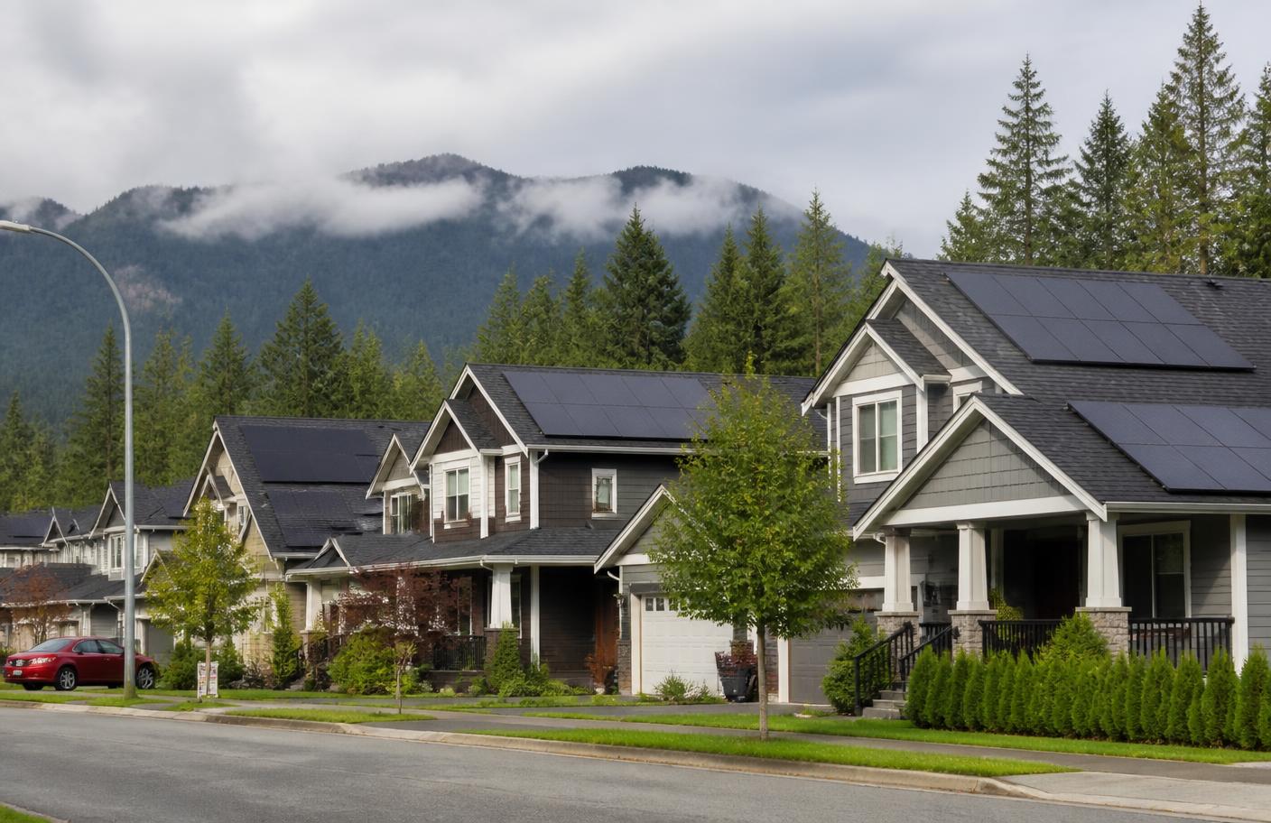 Greater Vancouver homes with rooftop solar arrays on pitched roofs