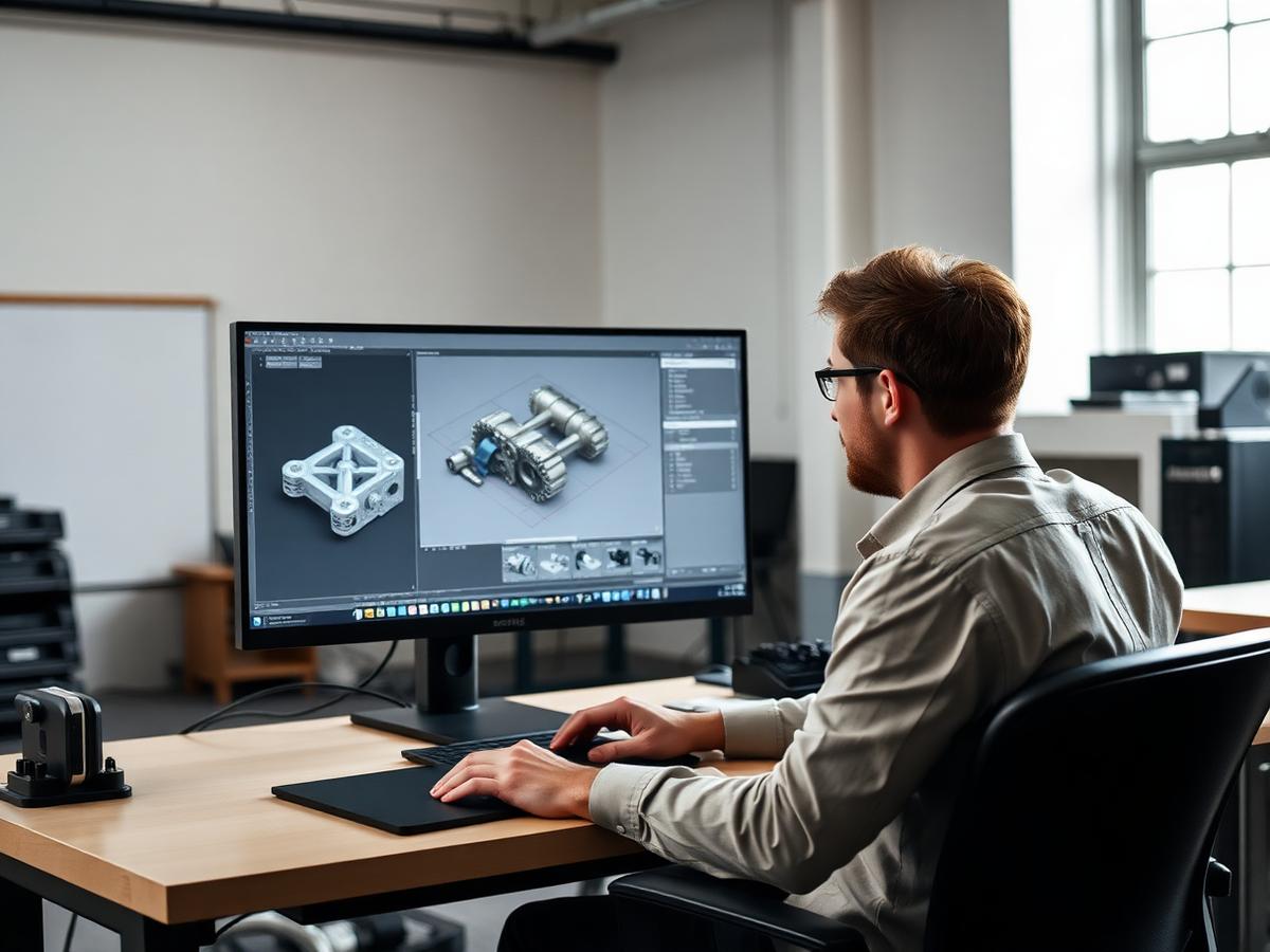 Redyna mechanical design engineer reviewing a 3D CAD assembly on a widescreen monitor